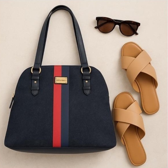 Tommy Hilfiger Denim Stripe Satchel Tote Bag Navy Red Retro Denim Y2K - Picture 1 of 7
